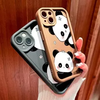 Для iPhone 16 15 14 13 12 11 Pro Max XS Max XR X SE 8 7 мультяшный милый рисунок панды мягкий силиконовый защитный чехол для телефона на всю линзу iPhone 15 чёрный