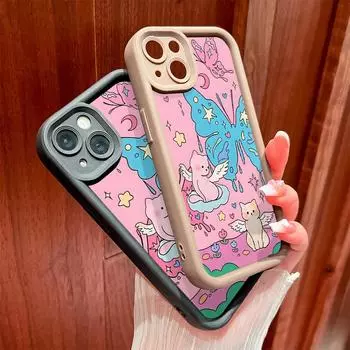 Для iPhone 16 15 14 13 12 11 Pro Max XS Max XR X SE 8 7 Мягкий силиконовый чехол для защиты линз с рисунком в виде бабочки, котенка и граффити iPhone 12 коричневый