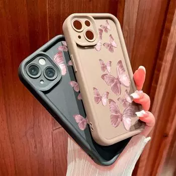 Для iPhone 16 15 14 13 12 11 Pro Max XS Max XR X SE 8 7 кораллово-розовый узор с бабочками мягкий силиконовый чехол для защиты линз iPhone 13 Pro красный