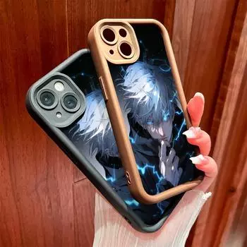 Для iPhone 16 15 14 13 12 11 Pro Max XS Max XR X SE 8 7 мягкий силиконовый крутой чехол для защиты линз с узором Jujutsu Kaisen Satoru Gojo iPhone 14 Plus коричневый