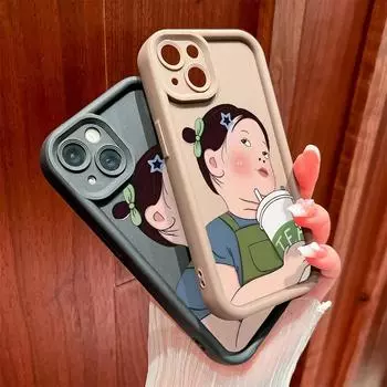 Для iPhone 16 15 14 13 12 11 Pro Max XS Max XR X SE 8 7 Мягкий силиконовый защитный чехол для телефона с изображением девушки из мультфильма «Молочный чай» iPhone 14 Pro белый