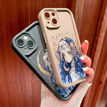Для iPhone 16 15 14 13 12 11 Pro Max XS Max XR X SE 8 7 мягкий силиконовый чехол для телефона в экзотическом стиле с рисунком беловолосой девушки и защитой линз iPhone 15 Pro Max коричневый
