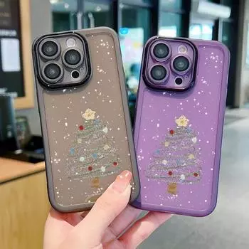 Для iPhone 16 15 14 Plus 13 12 Pro Max 11 Красочный мультяшный узор рождественской елки с пленкой для объектива Противоударный прозрачный мягкий силиконовый чехол iPhone 15 чёрный