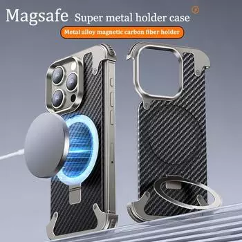 Для iPhone 16 15 14 Pro Max чехол из углеродного волокна Magsafe магнитный беспроводной держатель для телефона алюминиевый сплав анти-столкновительный чехол For iPhone 16 Pro Max чёрный