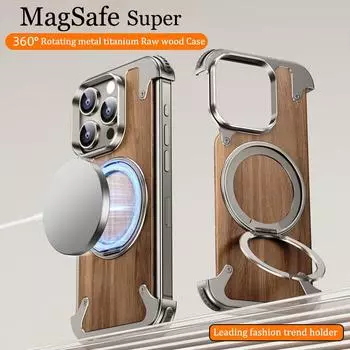 Для iPhone 16 15 14 Pro Max чехол с вращающимся на 360° кольцом-подставкой, магнитным чехлом MagSafe из орехового дерева, металлическим сплавом, защитным чехлом For iphone14 Pro Max чёрный