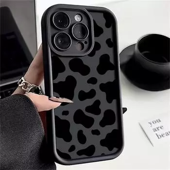 Для iPhone 16 15 Pro Max 14 13 Pro 12 11 XR 8 7 чехол для телефона с рисунком коровы противоударный матовый мягкий чехол TPU iPhone 15 чёрный