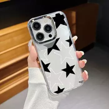 Для iPhone 16 15 Pro Max 14 Plus 13 12 Pro Max 11 ударопрочный прозрачный мягкий TPU узор звезд позолоченная рамка объектива тонкий чехол iPhone 16 чёрный
