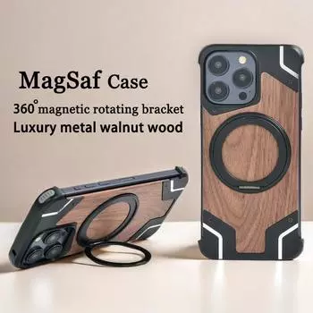 Для iPhone 16 15 Pro Max чехол Magsafe магнитный вращающийся на 360° автомобильный держатель для телефона ореховое дерево металлический каркас телефон защитный чехол For iphone16 Pro Max чёрный