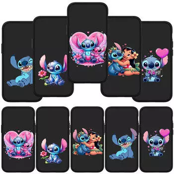 для iPhone 16 15 Xiaomi Redmi Note 13 12 11 Pro Max X 9 14 XR Samsung Galaxy A16 S24 S23 Plus A06 Huawei OPPO Blue Lilo Anime Stitch Black Phone Case for Xiaomi Poco F3 болюс