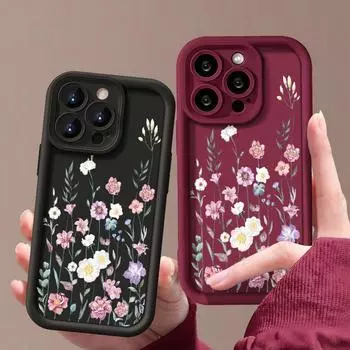 Для iPhone 16 Pro 15 14 Plus 13 12 Pro Max 11 Xs Xr 8 7 розовый цветочный узор противоударный мягкий TPU защита линзы противоударный чехол для телефона iPhone 16 чёрный