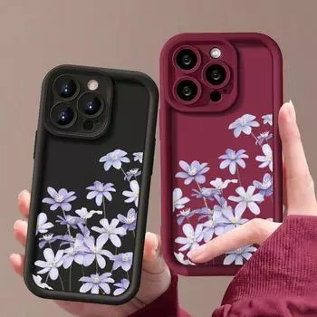 Для iPhone 16 Pro 15 14 Plus 13 12 Pro Max 11 Xs Xr 8 7 фиолетовый цветочный узор противоударный мягкий TPU защита линзы противоударный чехол для телефона iPhone 16 чёрный