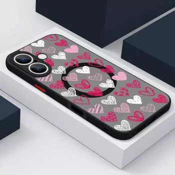 Для iPhone 16 Pro 15 14 Plus 13 12 Mini 11 Pro Max 7 8 для Magsafe Магнитный чехол с принтом сердец любви Акриловый жесткий мягкий край противоударный чехол iPhone 16 чёрный