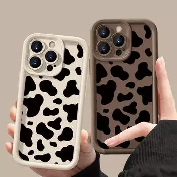 Для iPhone 16 Pro 15 14 plus 13 12 11 Pro Max XR xs x 8 7 Защита линз с рисунком коровы Ударопрочный мягкий чехол TPU iPhone 15 чёрный
