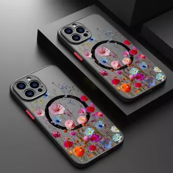 Для iPhone 16 Pro 15 14 Pro Max Plus 13 12 Mini 11 Pro Max 8 7 ударопрочный тонкий для Magsafe магнитный акриловый твердый цветочный мягкий край прозрачный чехол iPhone 15 чёрный