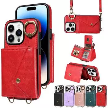 Для iPhone 16 серии. Для iPhone 16, 16 Plus, 16 Pro, 16 Pro Max плечевой ремень веревка кольцо кронштейн дизайн держатель для карт слоты личи узор чехол для телефона iPhone 16 Plus чёрный