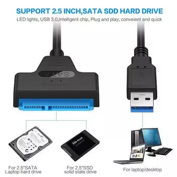 Для кабеля SATA to USB 3.0 / 2.0 для 2,5-дюймового внешнего жесткого диска SSD Жесткий диск SATA 3 22-контактный адаптер USB 3.0 to Sata III Кабель до 6 Гбит/с