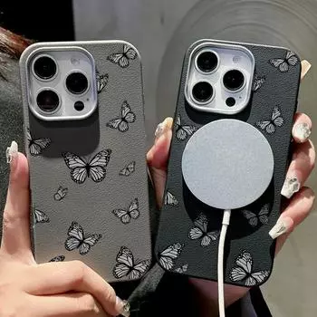 Для Magsafe Magnetic Butterfly Pattern Leather Texture Case для iPhone 16 Pro 15 14 Plus 13 12 Pro Max 11 Soft TPU Противоударный однотонный чехол iPhone 16 чёрный