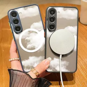 Для Magsafe Magnetic Cloud Pattern Clear Phone Case для Samsung S24 S22 Ultra S23 S21 S20 Fe A55 A54 A53 A52 A35 A15 Противоударный мягкий жесткий чехол с краями Samsung S24 FE чёрный