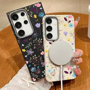 Для Magsafe Magnetic Floral Pattern Square Shell для Samsung S25 S24 S22 Ultra Plus S23 S21 S20 Fe Противоударный мягкий TPU тонкий однотонный чехол Samsung S25 чёрный