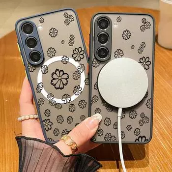 Для Magsafe Magnetic Hollow Daisy Pattern Clear Case для Samsung S24 S22 Ultra S23 S21 S20 Fe A55 A54 A53 A52 A35 A15 Противоударный мягкий жесткий чехол с краями Samsung S24 FE чёрный