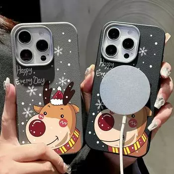 Для Magsafe Magnetic Leather Texture Shell для iPhone 16 15 Pro 14 Plus 13 12 Pro Max 11 Christmas Elk Deer Pattern Противоударный мягкий TPU тонкий чехол iPhone 16 чёрный