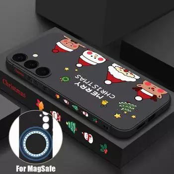 Для Magsafe Magnetic Tpu Soft Shell для Samsung S24 S22 Ultra Plus S23 S21 S20 Fe Рождественский узор Санта-Клауса со шнурком Тонкий защитный чехол для объектива Samsung S24 чёрный