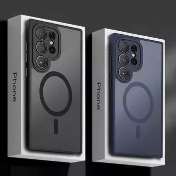 Для Magsafe Матовый противоударный чехол для телефона Samsung Galaxy S24 Ultra S23 Plus S22 Ultra Магнитная беспроводная зарядка Прозрачная задняя крышка For Galaxy S24 Ultra чёрный