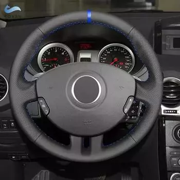 Для Renault Clio 3 RS 2005 2006 2007 2008 2009 2010 2011 2012 2013 Автомобильный чехол на руль с отделкой из черной кожи с синей полосой