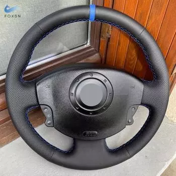 Для Renault Megane 2 2003 2004-2008 Kangoo 2008 Scenic 2 2003-2009 автомобильный чехол на руль с отделкой из черной кожи с синим цветом