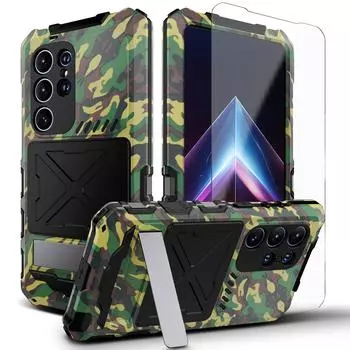Для Samsung Galaxy S24 Ultra 5G металлический чехол для телефона из алюминиевого сплава с подставкой встроенная защитная пленка для экрана противоударная броня For Galaxy S24 Ultra