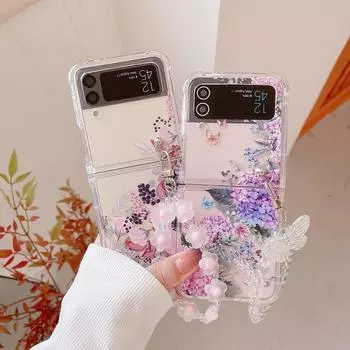 Для Samsung Galaxy Z Flip 4 3 Чехол Цветочный Браслет ТПУ Мягкий Силиконовый Четырехугольный Противоударный Складной Прозрачный Чехол Аксессуары For Samsung Z Flip 4