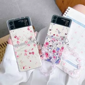 Для Samsung Galaxy Z Flip 4 3 чехол с маленьким браслетом с цветочной росписью прозрачный противоударный жесткий чехол для Samsung Zflip4 Flip3 чехол For Samsung Z Flip 4