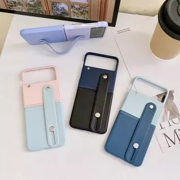 Для Samsung Galaxy Z Flip 4 3 Роскошный кожаный чехол контрастного цвета, выдвижной ремешок на запястье, складной противоударный защитный чехол For Samsung Z Flip 4 фиолетовый