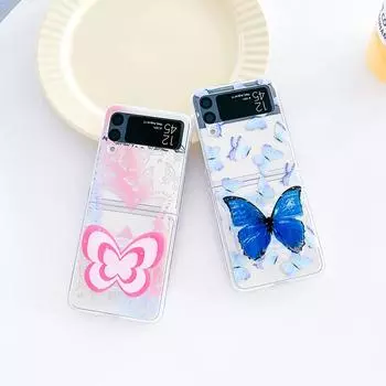 Для Samsung Galaxy Z Flip 4 3 чехол с градиентной росписью в виде бабочки, прозрачный противоударный складной жесткий чехол с 3d держателем-подставкой Case and Holder