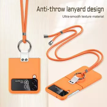 Для Samsung Galaxy Z Flip 4 3 Роскошный чехол для кожи, однотонный держатель для колец с ремешком, складной противоударный защитный чехол Shell and Lanyard чёрный