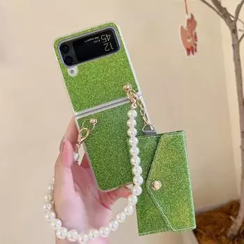 Для Samsung Galaxy Z Flip 4 5g Роскошный блестящий чехол с жемчужной цепочкой для карточек для девочек и женщин, чехол с защитой от падения For Galaxy Z Flip 4 синий