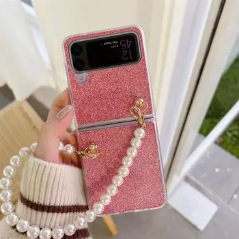 Для Samsung Galaxy Z Flip 4 5g Роскошный блестящий чехол с жемчужной цепочкой для девочек и женщин, противоударный противоударный чехол For Galaxy Z Flip 4 синий
