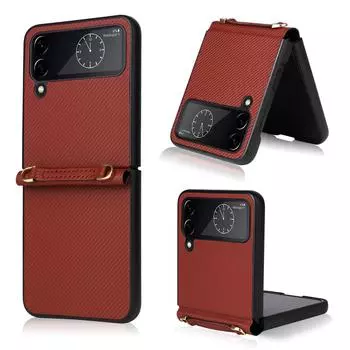 Для Samsung Galaxy Z Flip 4 5g Кожаный соединительный чехол с нашивкой и ремешком через плечо, полная защита для Galaxy Z Flip 3 For Galaxy Z Flip 4 коричневый