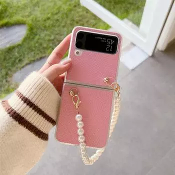 Для Samsung Galaxy Z Flip 4 Блестящий чехол из углеродного волокна с защитой от отпечатков пальцев, чехол с жемчужной цепочкой для девочек и женщин, чехол с защитой от падения For Galaxy Z Flip 4 фиолетовый
