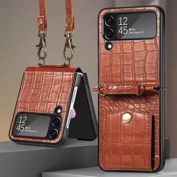 Для Samsung Galaxy Z Flip 4 чехол-кошелек с крокодиловым узором и слотом для кредитных карт с ремешком, противоударный кожаный задний чехол For Galaxy Z Flip 4 чёрный