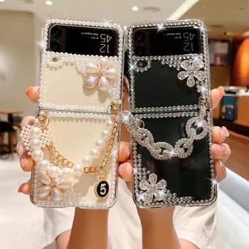 Для Samsung Galaxy Z Flip 4 милый чехол для женщин и девочек, роскошный 3d блестящий жемчужный ремешок ручной работы с цепочкой и бриллиантами, блестящий чехол Galaxy Z Flip 4