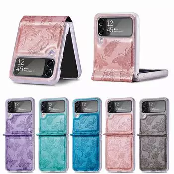 Для Samsung Galaxy Z Flip 4 Zflip4 винтажный элегантный кожаный складной противоударный защитный чехол с принтом бабочки, аксессуары For Samsung Z Flip 4 синий