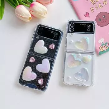 Для Samsung Galaxy Z Flip 4 Zflip 3 чехол прозрачный блестящий лазерный 3d сердце складной противоударный защитный жесткий чехол аксессуары For Galaxy Z Flip 3