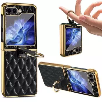 Для Samsung Galaxy Z Flip 5 4 3 чехол элегантный мягкий простой кожаный кронштейн с кольцом гальванический золотой противоударный складной задний чехол for Galaxy Z Flip 5