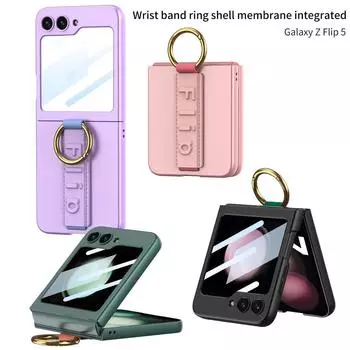 Для Samsung Galaxy Z Flip 5 GKK Ультратонкий эластичный ремешок на запястье с металлическим кольцевым кронштейном Складной чехол для телефона со стеклянным защитным чехлом для экрана Samsung Z Flip 5 чёрный
