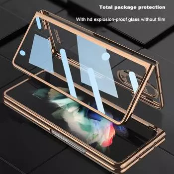 Для Samsung Galaxy Z Fold 3 4 крышка передняя крышка из закаленного стекла прозрачный корпус покрытие рамка жесткий прозрачный S слот для ручки держатель задний чехол for Galaxy Z Fold 3 золотой