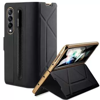 Чехол для Samsung Galaxy Z Fold 4, роскошная кожаная гальванизированная рамка, переднее закаленное стекло, противоударная подставка, боковой слот для ручки Only Case No Pen зелёный