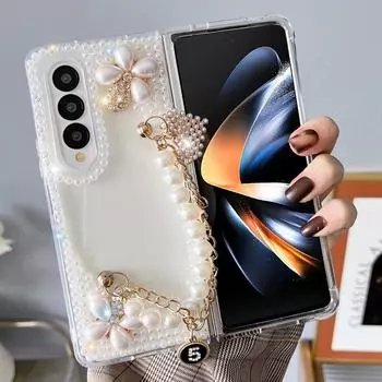 Для Samsung Galaxy Z Fold 4 милый чехол для женщин и девочек, роскошный 3d блестящий жемчужный ремешок ручной работы с цепочкой и бриллиантами, блестящий чехол Galaxy Z Fold