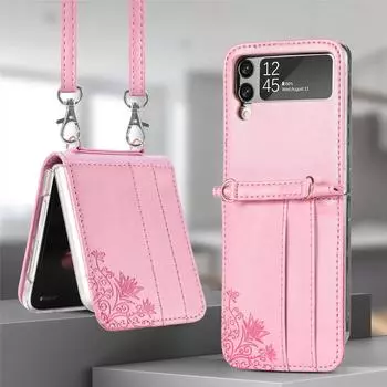 Для Samsung Z Flip4 Карман для карт Модный кожаный чехол для Samsung Galaxy Z Flip 4 Flip4 Flip3 Flip 3 Телефонный ремешок Функция бумажника for Samsung Z Flip 4 розовый