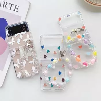 Для Samsung Z Flip 4 Чехол Love Pattern Прозрачный складной чехол для телефона с браслетом для Samsung Z Flip 3 Zflip4 Жесткая задняя крышка Samsung Z Flip 3